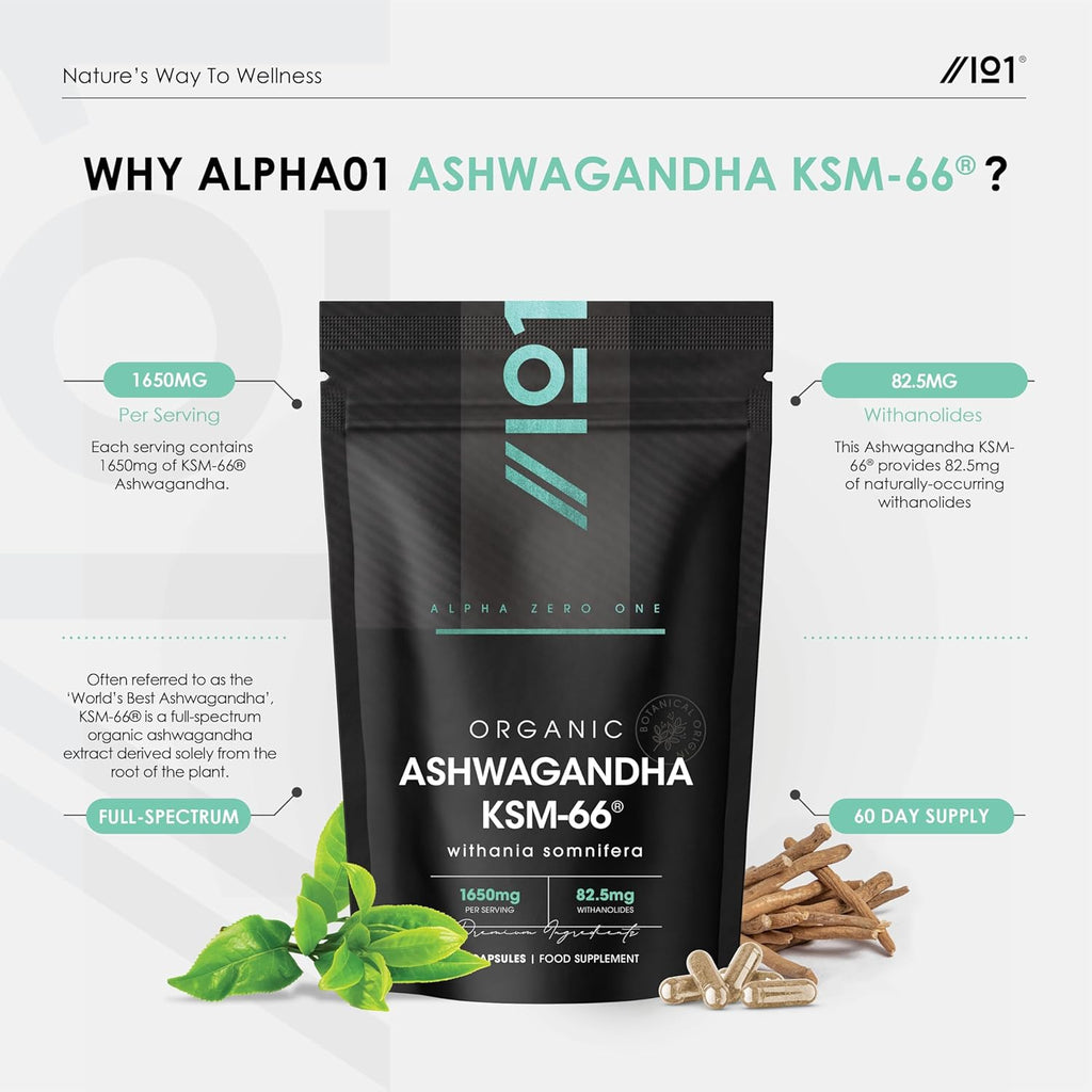 Organic Ashwagandha KSM-66® 1650mg - 5% Withanolides with Black Pepper – 180 Vegan Capsules – Resealable and Recyclable Pouch by Alpha01