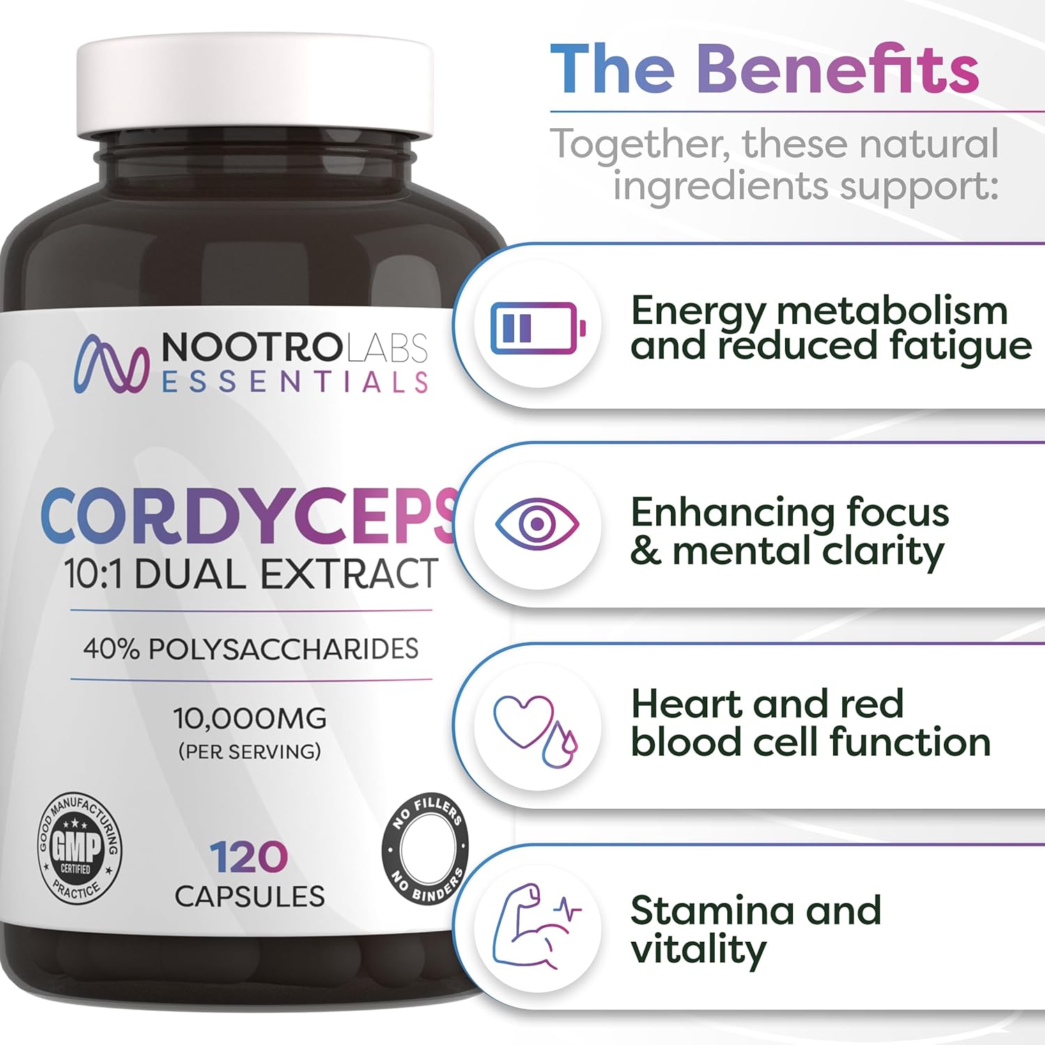 Nootro Essentials Cordyceps Supplements, High Strength 10:1 Mushroom Extract with 10000Mg & 40% Polysaccharides, Supports Peak Performance & Energy Levels (60 Servings, 2 Months Supply)