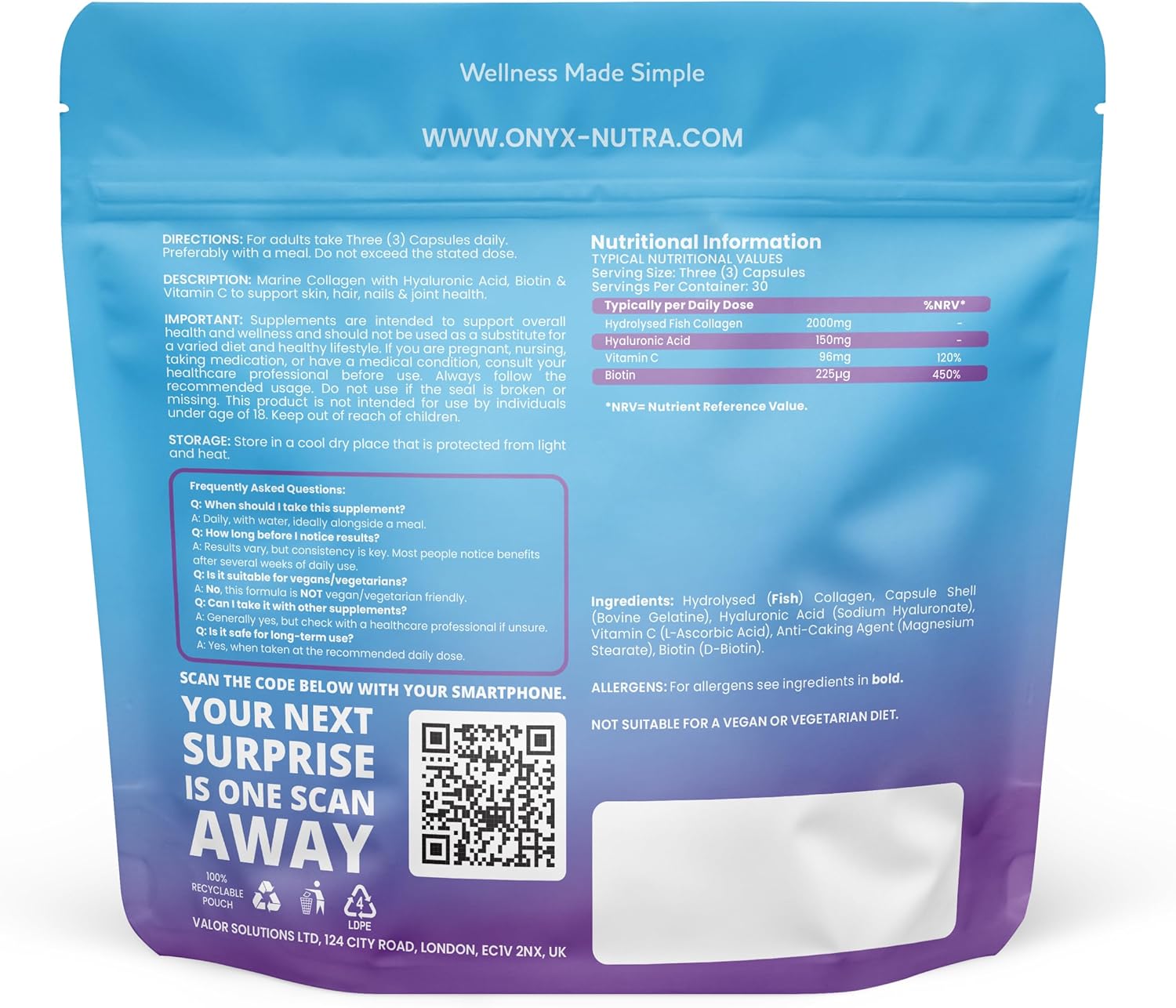 Marine Collagen Capsules 2000mg – Type 1 Hydrolysed Fish Collagen Peptides with Hyaluronic Acid 150mg, Biotin & Vitamin C | Hair Skin Nails & Joint Support Supplement for Women & Men | 90 Capsules
