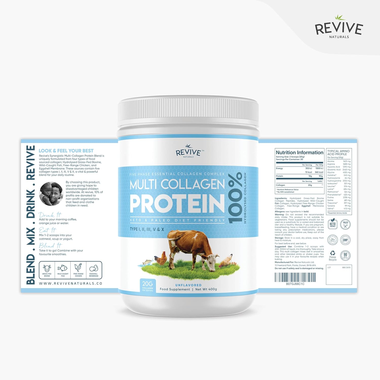 Multi Collagen Protein Powder 400g – 5 Types, Grass-Fed & Wild-Caught
